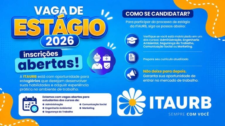ITAURB abre vagas de estágio 2026 em Itabira; inscrições já estão abertas