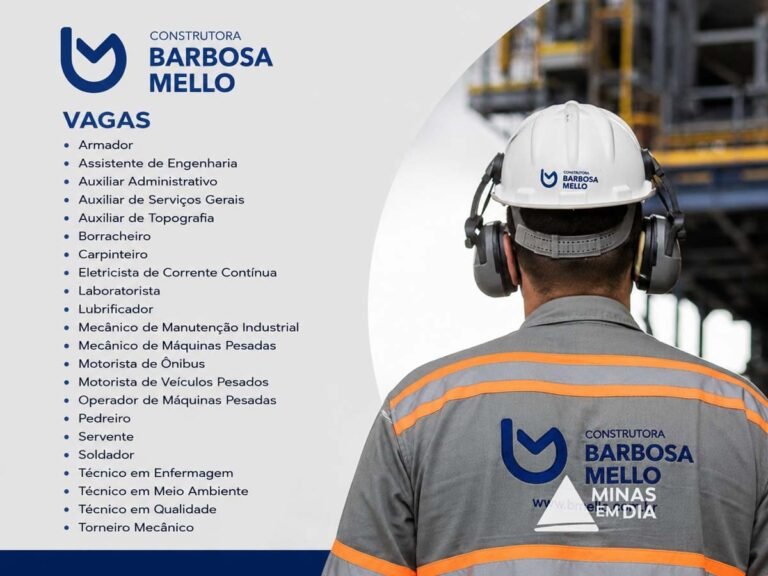 Construtora Barbosa Mello abre vagas para dezenas de vagas e várias funções com alojamento e benefícios em MG e SP