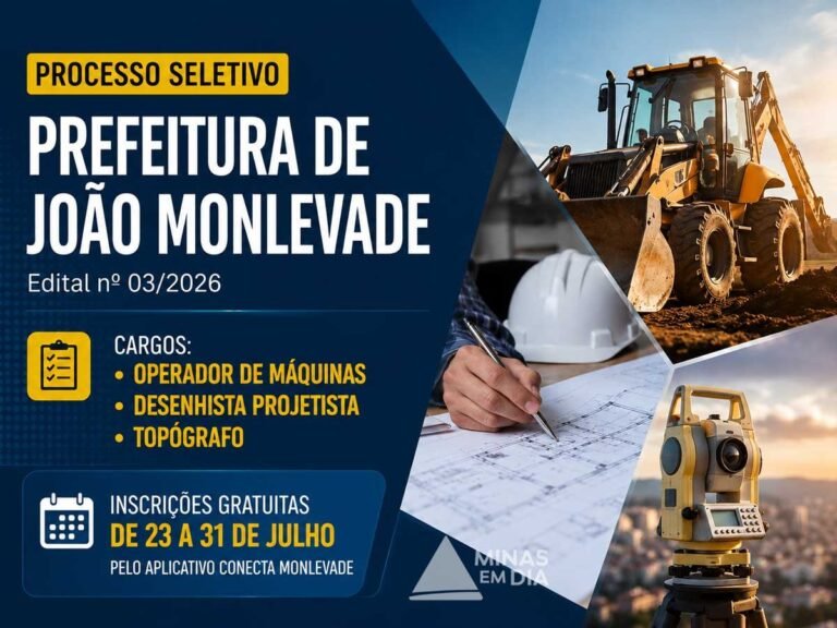 Prefeitura de João Monlevade abre processo seletivo para operador de máquinas, desenhista projetista e topógrafo