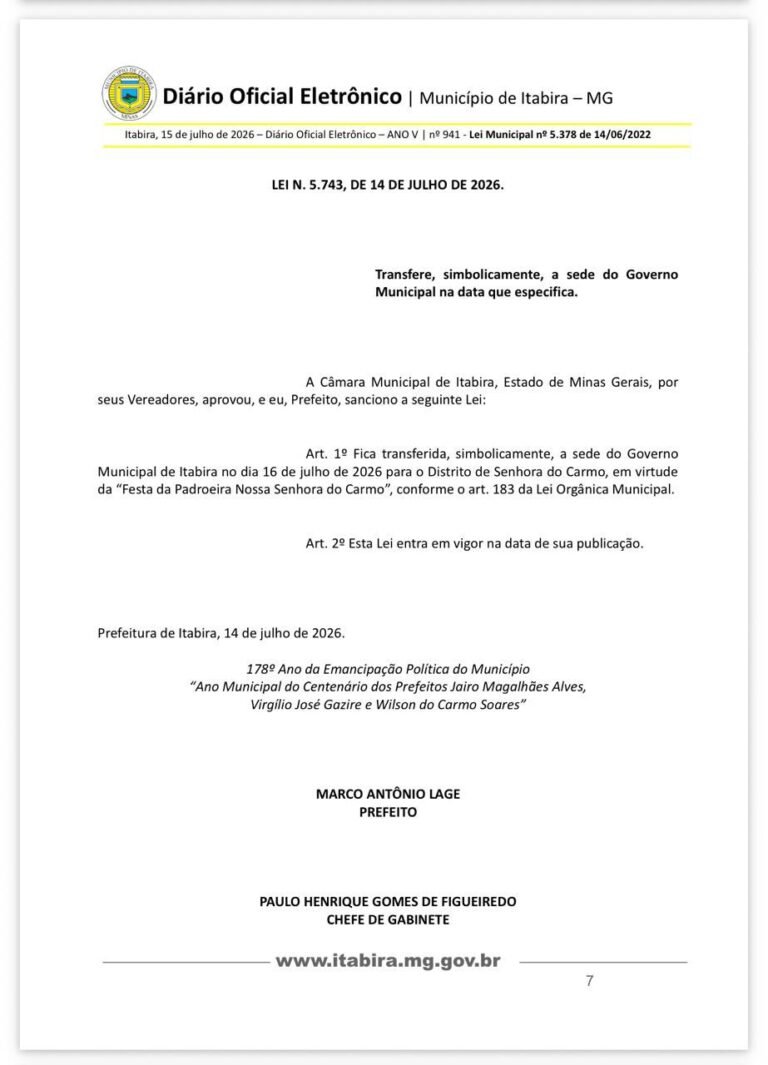 Prefeito Marco Antônio Lage transfere sede administrativa da Prefeitura para o distrito do Carmo em celebração ao Dia de Nossa Senhora do Carmo