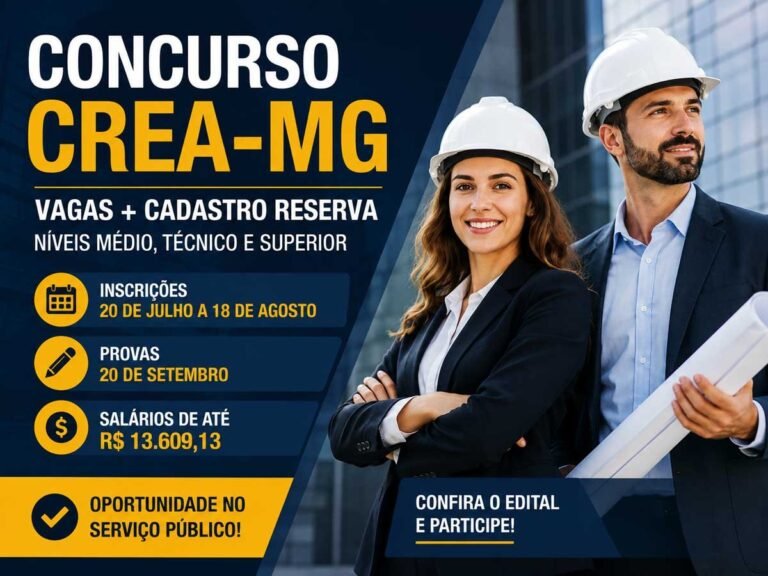 Crea-MG abre concurso público com salários de até R$ 13,6 mil; inscrições começam em julho